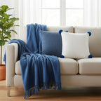 SOGA 3PC Cozy Set – Royal Blue Knit Throw Blanket with Decorative Pillow Covers (Textured Navy & Cream Ribbed Pom-Pom Design)