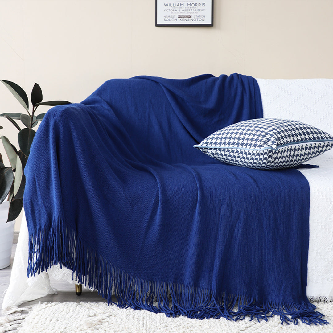 SOGA Acrylic Knitted Throw Blanket – Solid Warm Cozy Woven Cover with Fringes for Couch, Bed, Sofa, Home Decor, Royal Blue