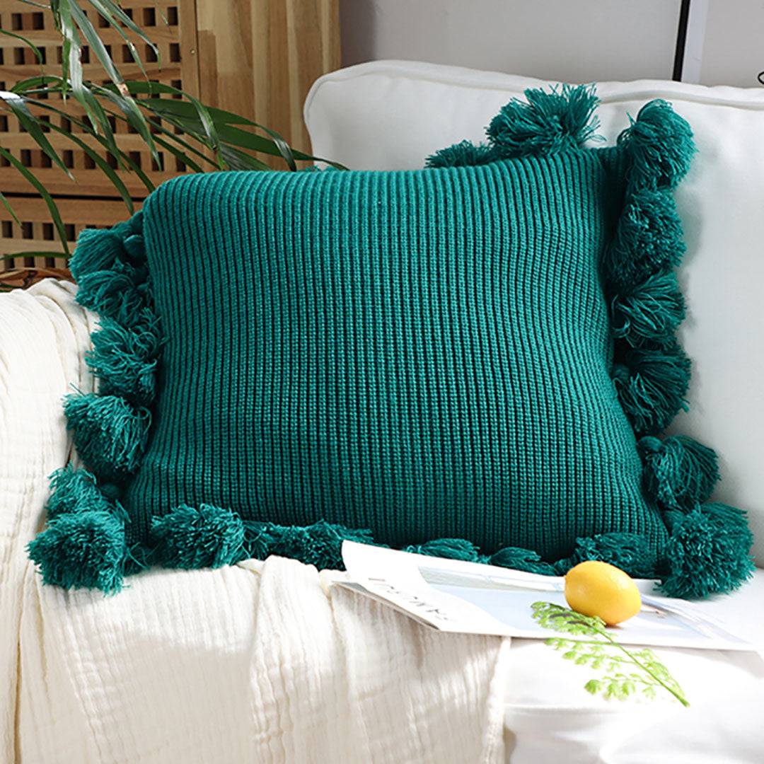 SOGA 45cm Textured Pillowcase with Pom-Pom Trim (Emerald Green)