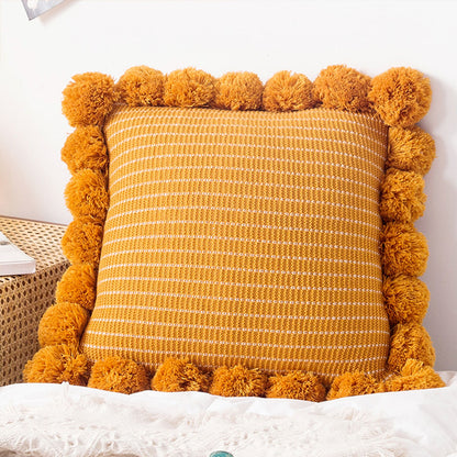 SOGA 45cm Mustard Yellow Ribbed Pillow Cover with Pom Poms