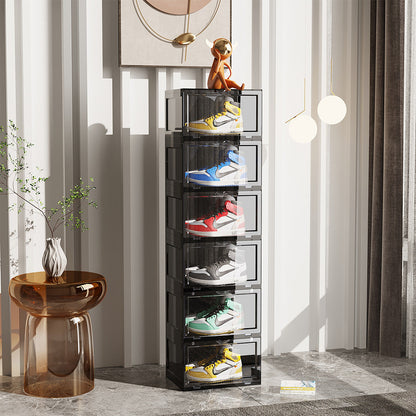 SOGA 2X 6 Tier Black Portable Shoe Organiser Sneaker Footwear Folding Plastic Bin Stackable Storage Box with Magnetic Door