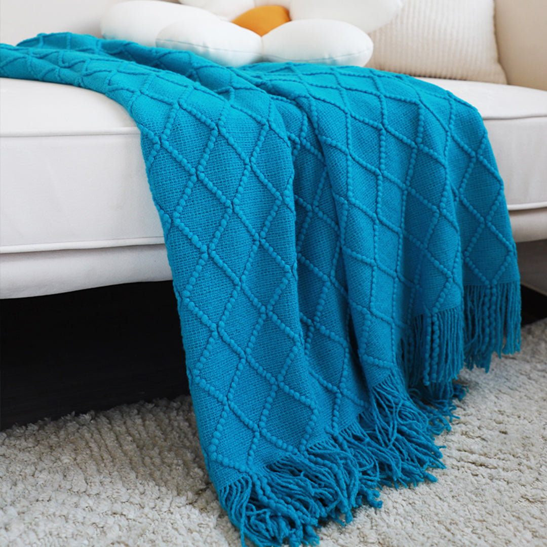 SOGA Knitted Throw Blanket – Warm Cozy Woven Cover with Diamond Pattern & Tassels for Couch, Bed, Sofa, Home Decor, Blue