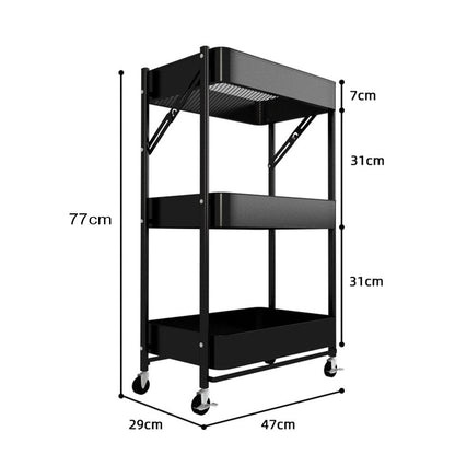 SOGA 3 Tier Steel Black Foldable Kitchen Cart Multi-Functional Shelves Portable Storage Organizer with Wheels