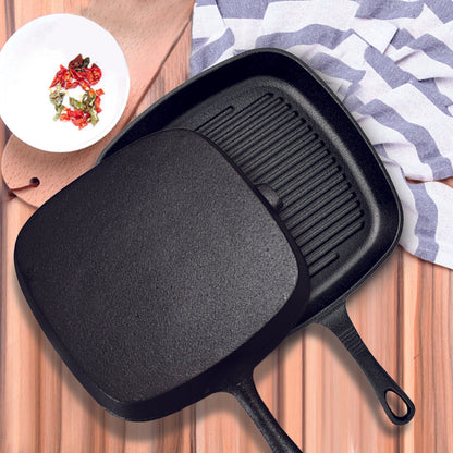 SOGA 2X 23.5cm Square Ribbed Cast Iron Frying Pan Skillet Steak Sizzle Platter with Handle