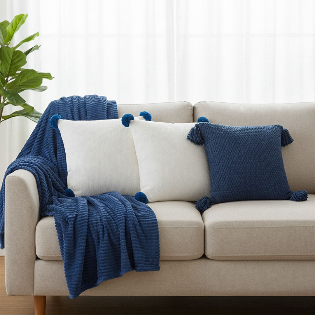 SOGA 4PC Set – Blue Striped Throw Blanket + Cream Pom Pom & Navy Chunky Knit Pillowcases – Cozy Decor