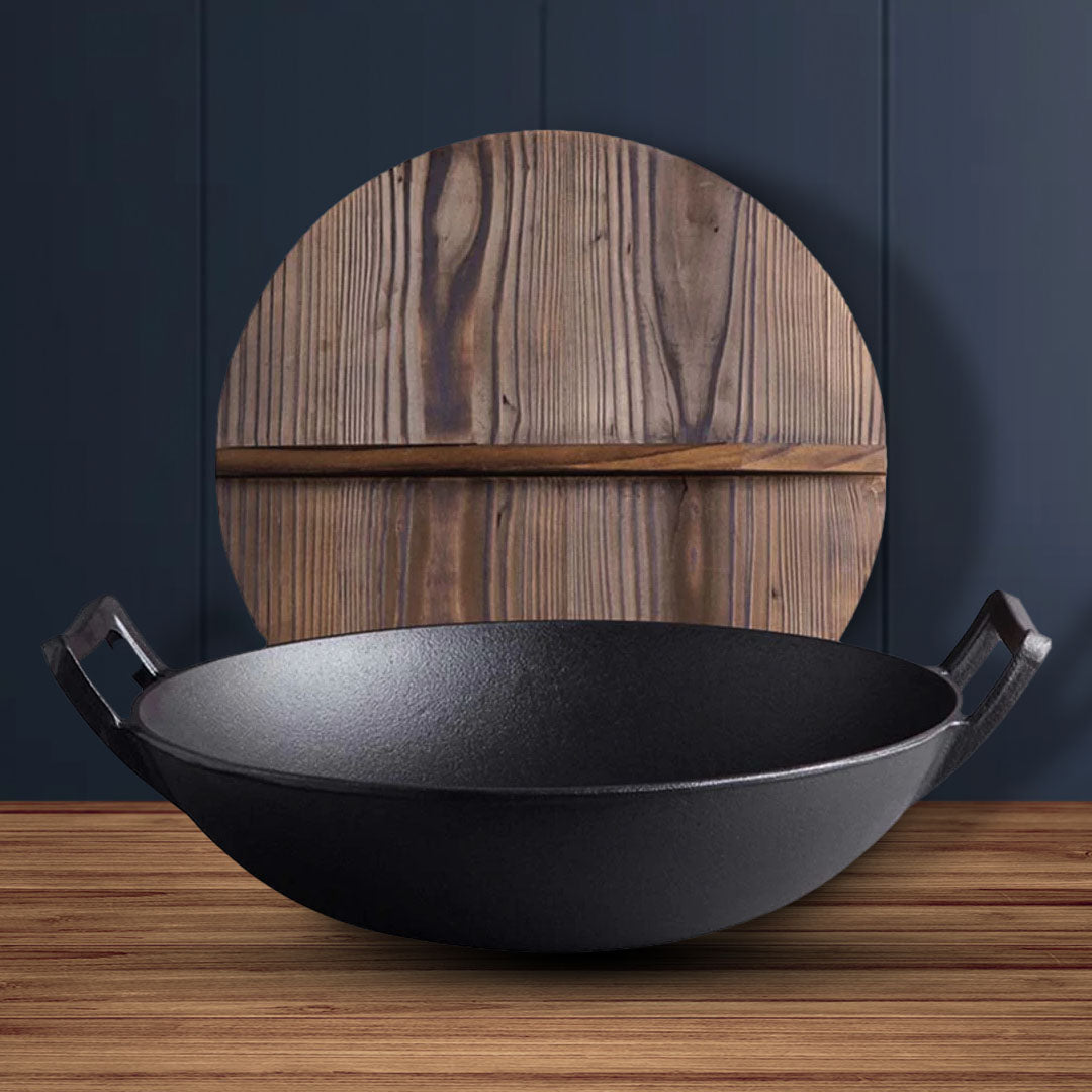 SOGA 2X 36CM Commercial Cast Iron Wok FryPan with Wooden Lid Fry Pan