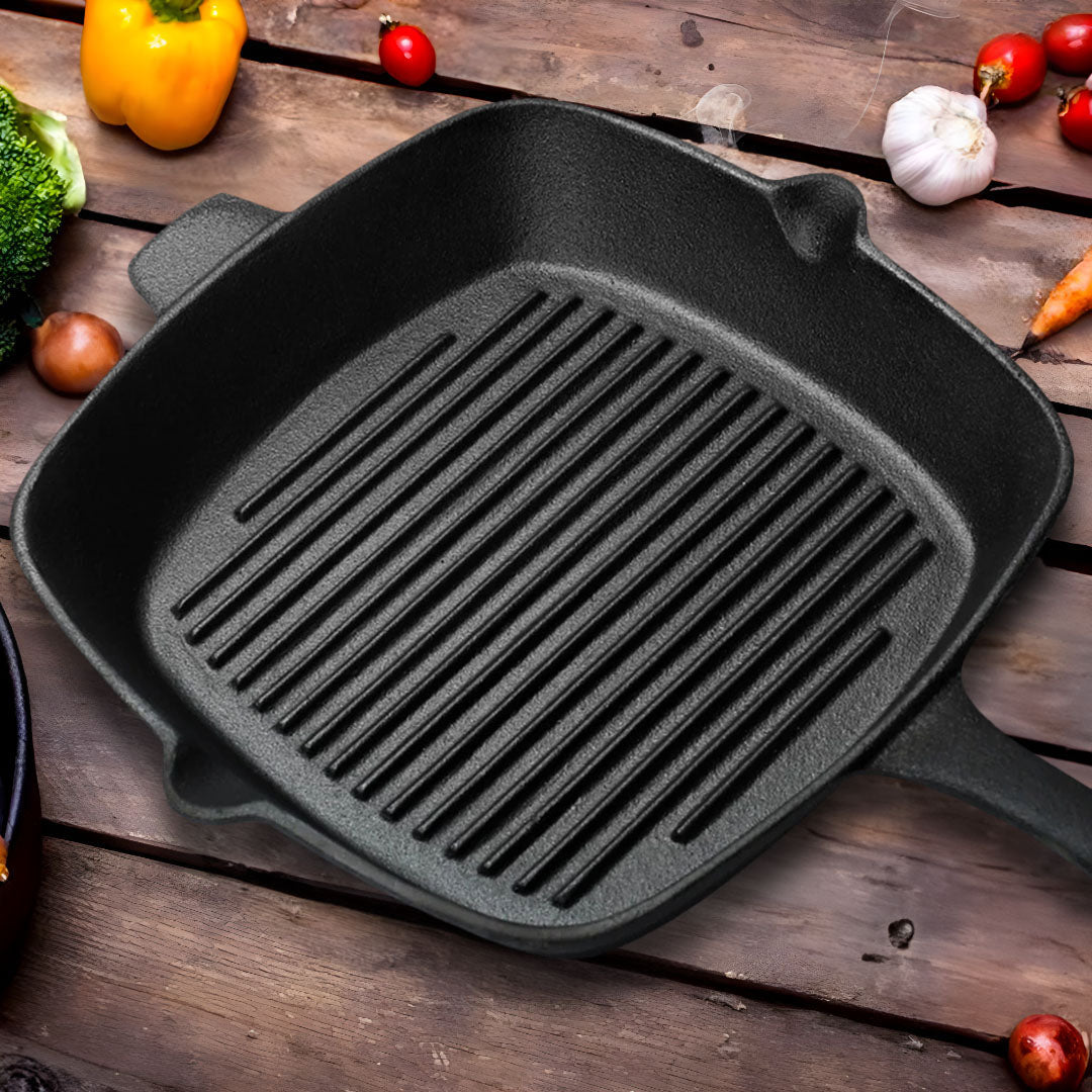 SOGA 2X 26cm Square Ribbed Cast Iron Frying Pan Skillet Steak Sizzle Platter with Handle