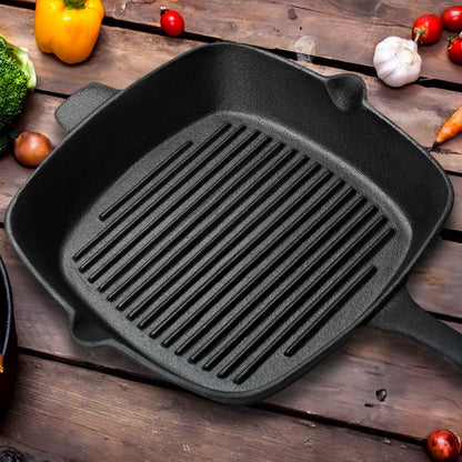 SOGA 2X 26cm Square Ribbed Cast Iron Frying Pan Skillet Steak Sizzle Platter with Handle