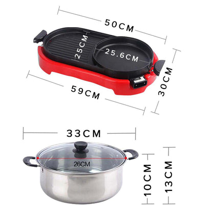 SOGA 2X 2 in 1 BBQ Electric Pan Grill Teppanyaki Stainless Steel Hot Pot Steamboat Red