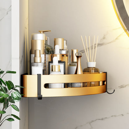 SOGA 2X Gold Wall-Mounted Triangular Bathroom Storage Corner Vanity Organiser Space Saving Adhesive Shelf Rack with Hooks