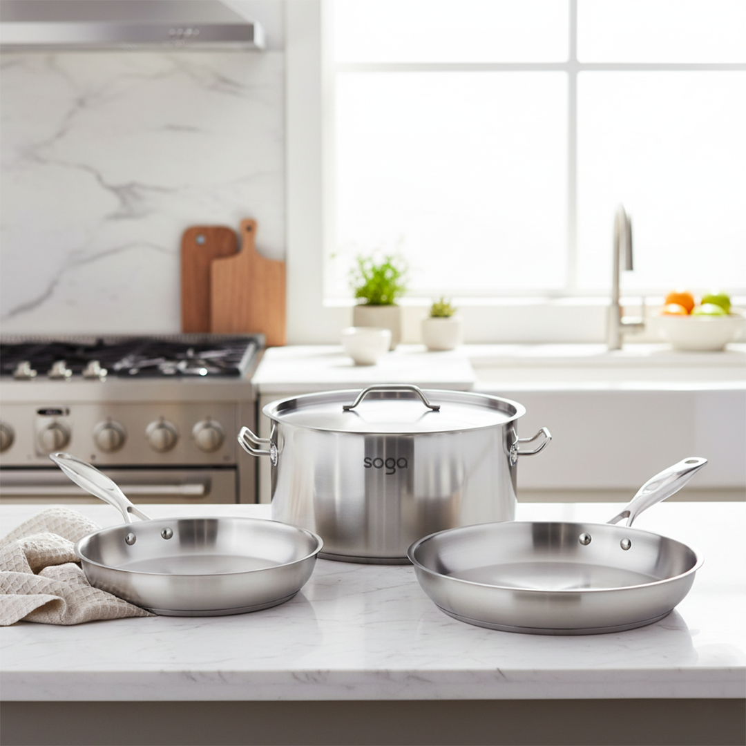 SOGA Essential Cooking Set – Stainless Steel Fry Pans (24cm & 28cm) + 17L Stock Pot, Silver