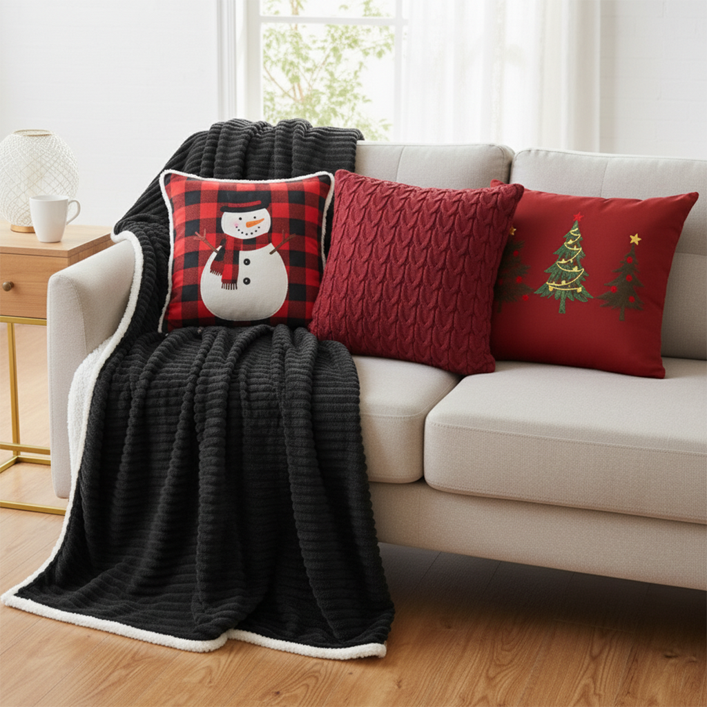 SOGA 5PC Christmas Set – Flannel Throw + Red Cable Knit, Tree Trio & Snowman Pillowcases