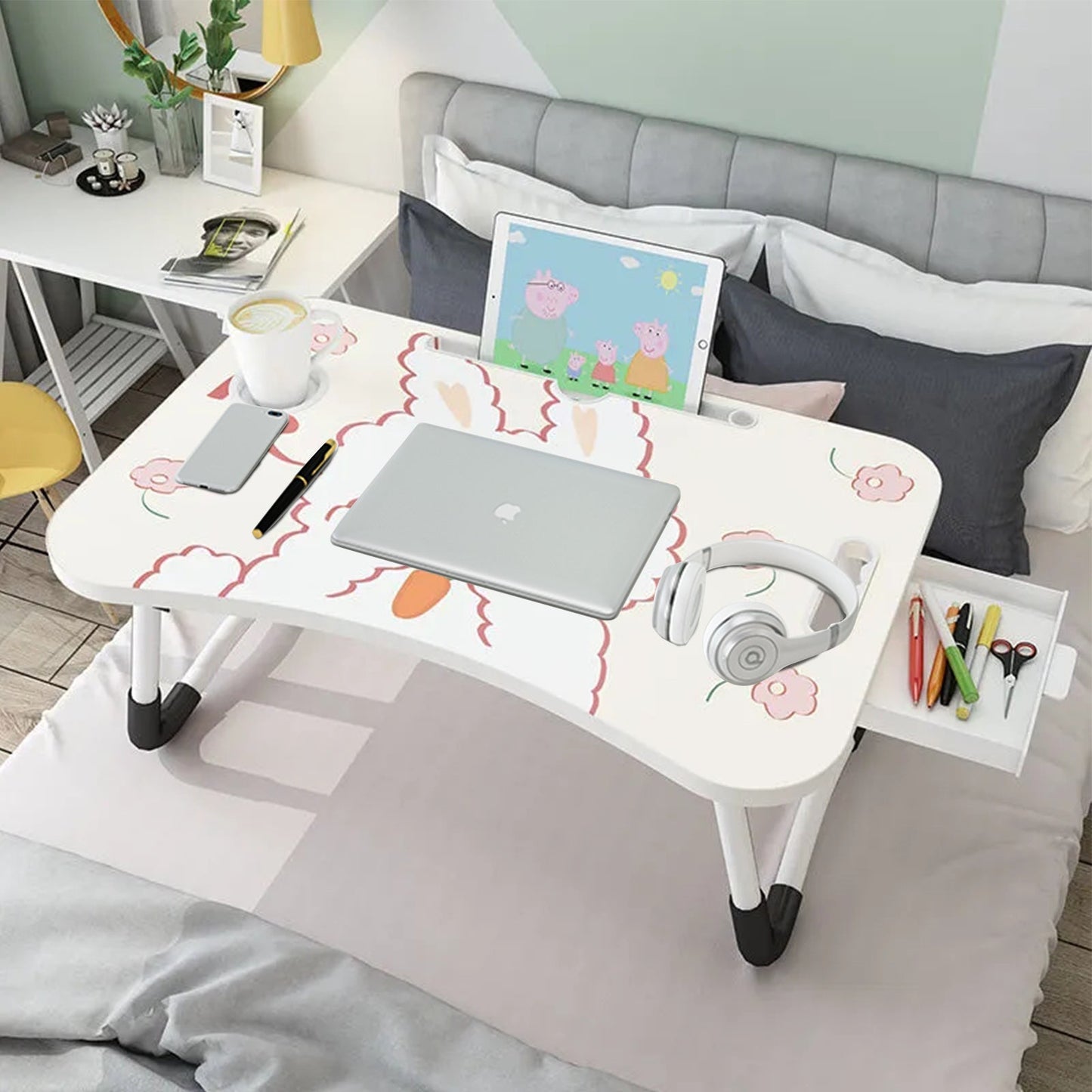 SOGA Portable Bed Table Adjustable Foldable Bed Sofa Study Table Laptop Mini Desk with Drawer and Cup Slot Home Decor