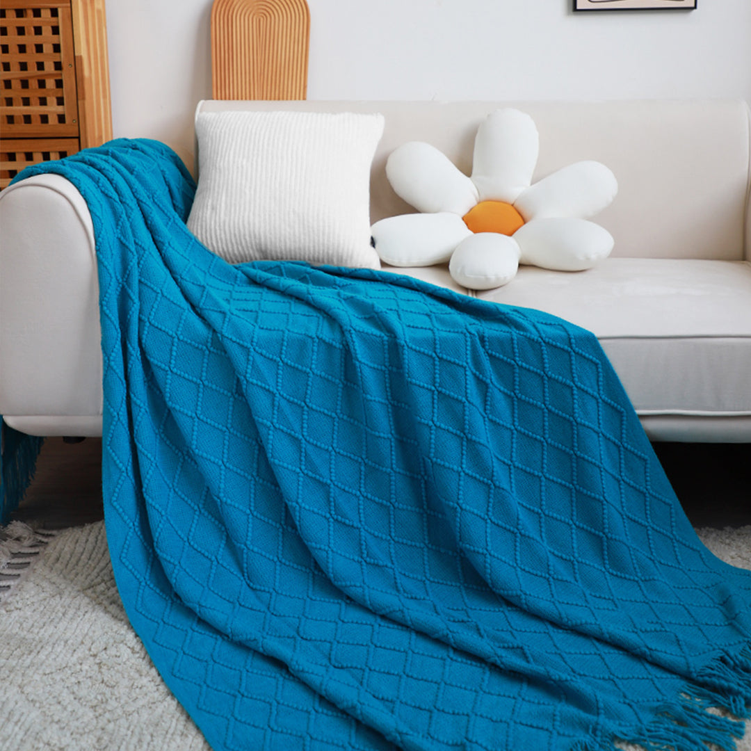SOGA Knitted Throw Blanket – Warm Cozy Woven Cover with Diamond Pattern & Tassels for Couch, Bed, Sofa, Home Decor, Blue