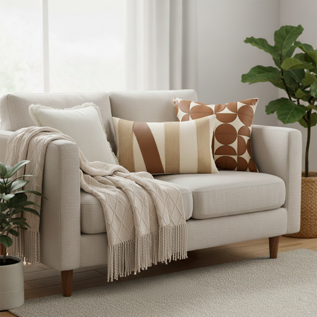 SOGA 4PC Set – Coffee Diamond Knitted Throw with Tassels + Striped, Geometric & Cream Pillowcases – stylish Decor