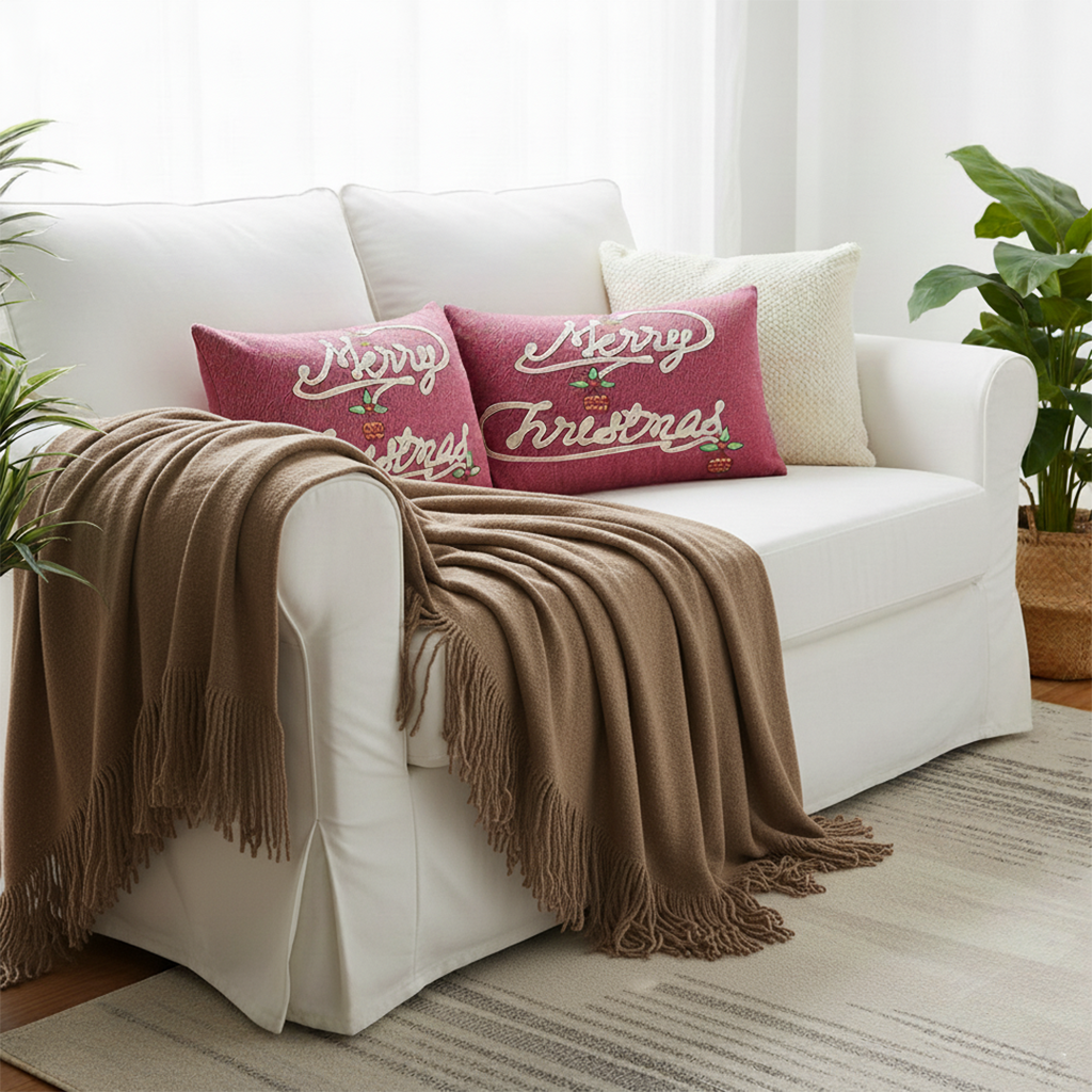 SOGA 4PC Christmas Set – Coffee Knitted Throw with Fringes + Script & Cream Pillowcases – Cozy Festive Decor