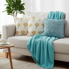 SOGA 5PC Set – Teal Knitted Throw Blanket with Sunny Dandelion & Blue Geometric Pillowcases – Cozy Home Decor