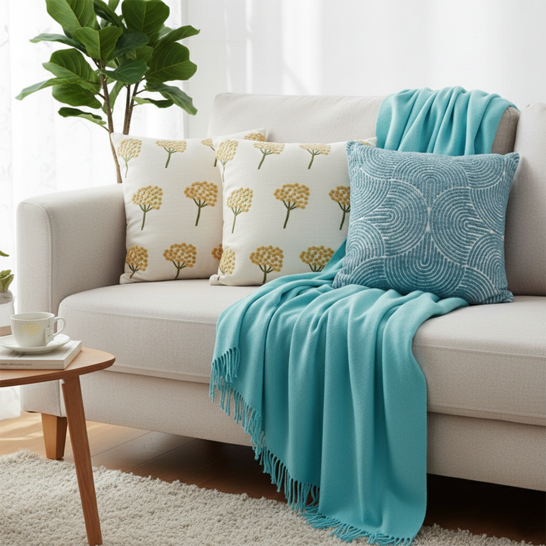 SOGA 5PC Set – Teal Knitted Throw Blanket with Sunny Dandelion & Blue Geometric Pillowcases – Cozy Home Decor