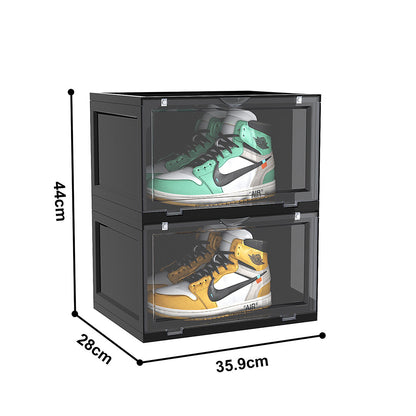 SOGA 2X 2 Tier Black Portable Shoe Organiser Sneaker Footwear Folding Plastic Bin Stackable Storage Box with Magnetic Door