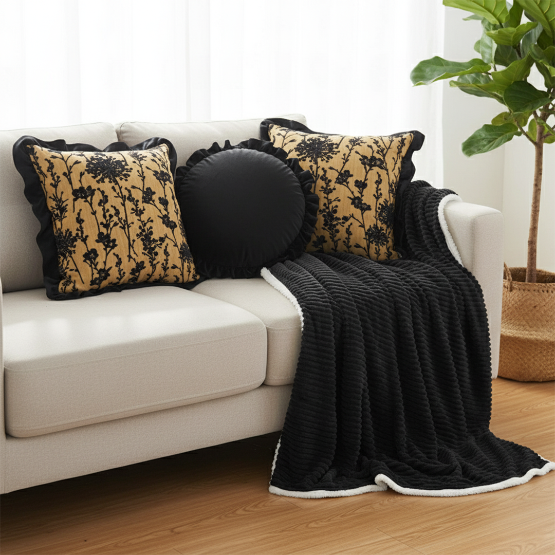 SOGA 4PC Set – Flannel Throw Blanket + Black & Gold Velvet Pillowcases & Lotus Round Pillow – Cozy Luxury Home Decor