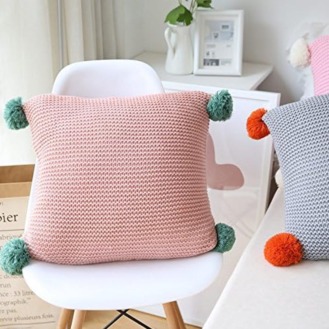 SOGA 45cm Ribbed Knit Pillowcase with Pom-Poms (Dusty Rose)