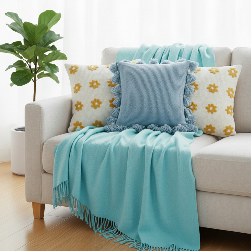 SOGA 4PC Set – Teal Knitted Throw Blanket + Sky Blue & Daisy Pillowcases – Cozy Home Decor