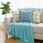 SOGA 4PC Set – Teal Knitted Throw Blanket + Sky Blue & Daisy Pillowcases – Cozy Home Decor