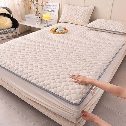 SOGA Beige 183cm Wide Mattress Cover Thick Quilted Fleece Stretchable Clover Design Bed Spread Sheet Protector with Pillow Covers