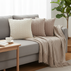 SOGA 4PC Set – Coffee Diamond Knitted Throw with Tassels + Dusty Rose & Cream Cable Knit Pillowcases – Cozy Decor