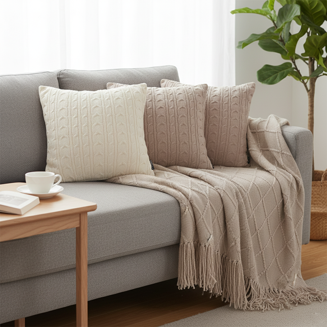 SOGA 4PC Set – Coffee Diamond Knitted Throw with Tassels + Dusty Rose & Cream Cable Knit Pillowcases – Cozy Decor