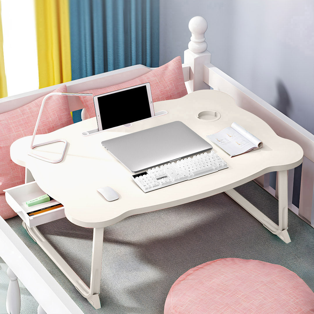 SOGA White Portable Bed Table Adjustable Folding Mini Desk With Mini Drawer and Cup-Holder Home Decor