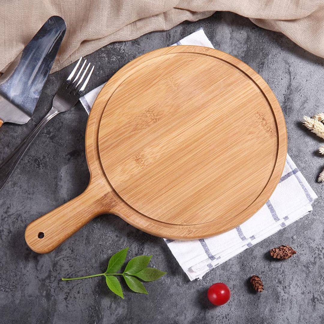 SOGA 9 inch Blonde Round Premium Wooden Serving Tray Board Paddle with Handle Home Decor