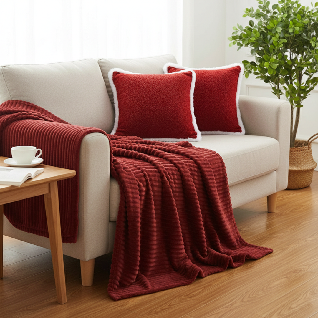 SOGA 3PC Cozy Set – Striped Flannel Throw Blanket with 2 Plush Crimson Red Pillow Covers