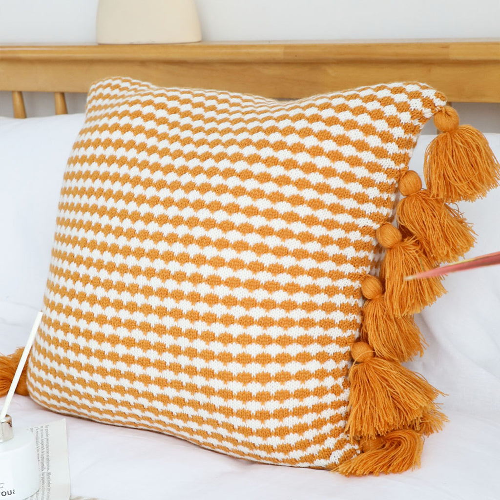 SOGA 2X 45cm Orange Houndstooth Pillow Cover with Tassels