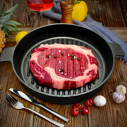 SOGA 2X 26cm Round Ribbed Cast Iron Frying Pan Skillet Steak Sizzle Platter with Handle