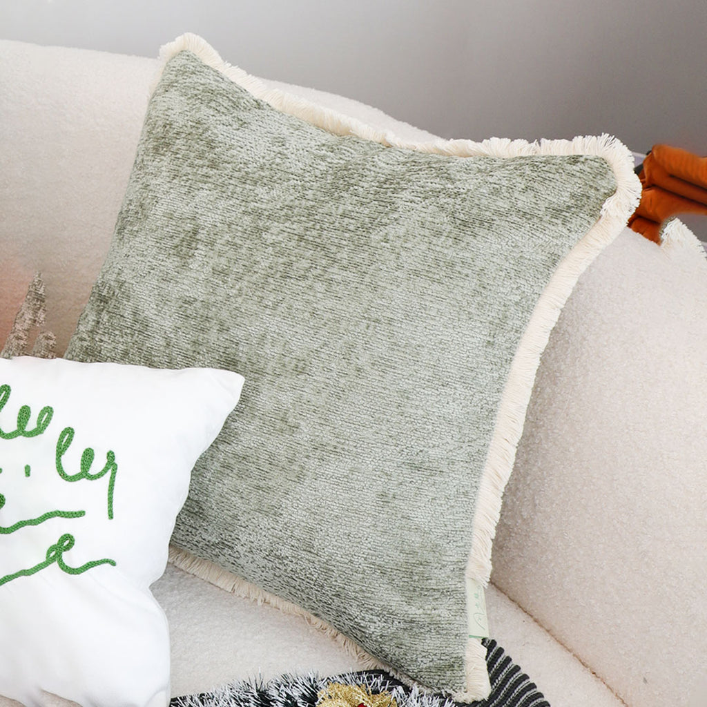 SOGA 2X 45cm Sage Green Velvet Pillowcase with Faux Fur Trim