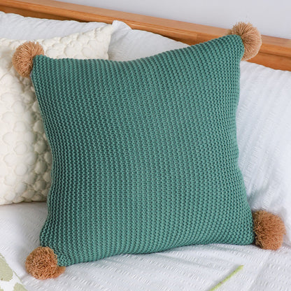 SOGA 45cm Ribbed Knit Pillowcase with Pom-Poms (Sage Green)