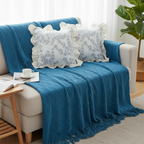 SOGA 3PC Cozy Set – Royal Blue Diamond Knit Throw Blanket with 2 White Floral Ruffle Trim Pillow Covers