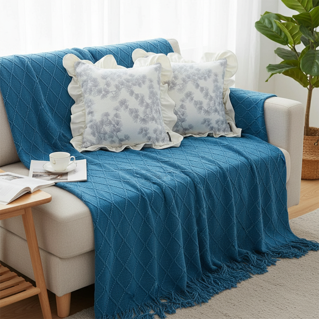 SOGA 3PC Cozy Set – Royal Blue Diamond Knit Throw Blanket with 2 White Floral Ruffle Trim Pillow Covers