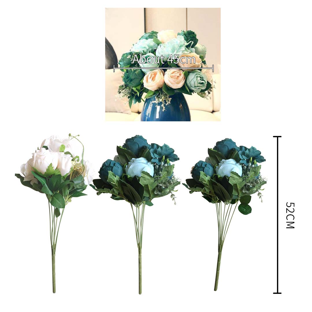 SOGA 3pcs Artificial Silk with 15 Heads Flower Fake Rose Bouquet Table Decor Blue