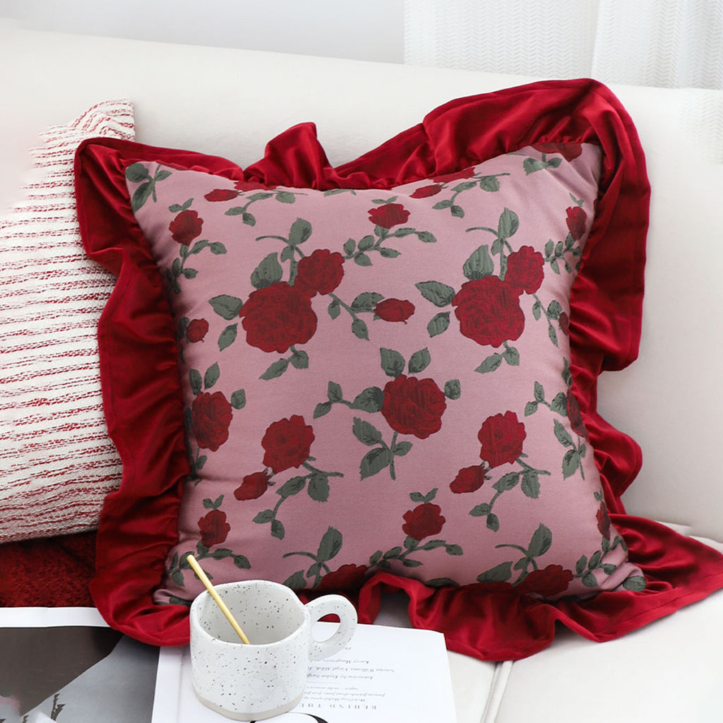 SOGA 2X 45cm Rose Garden Pillow Covers with Burgundy Ruffle – Floral Decorative Cushion Cases for Sofa, Bed & Home Décor