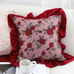 SOGA 2X 45cm Rose Garden Pillow Covers with Burgundy Ruffle – Floral Decorative Cushion Cases for Sofa, Bed & Home Décor