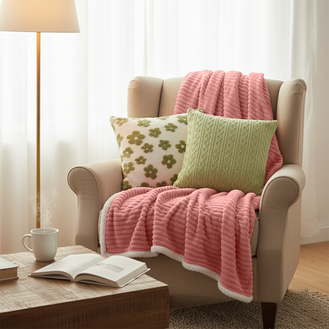 SOGA 3PC Cozy Set – Pink Flannel Throw Blanket with Decorative Pillow Covers (Garden Bloom & Cable Knit Fresh Design)
