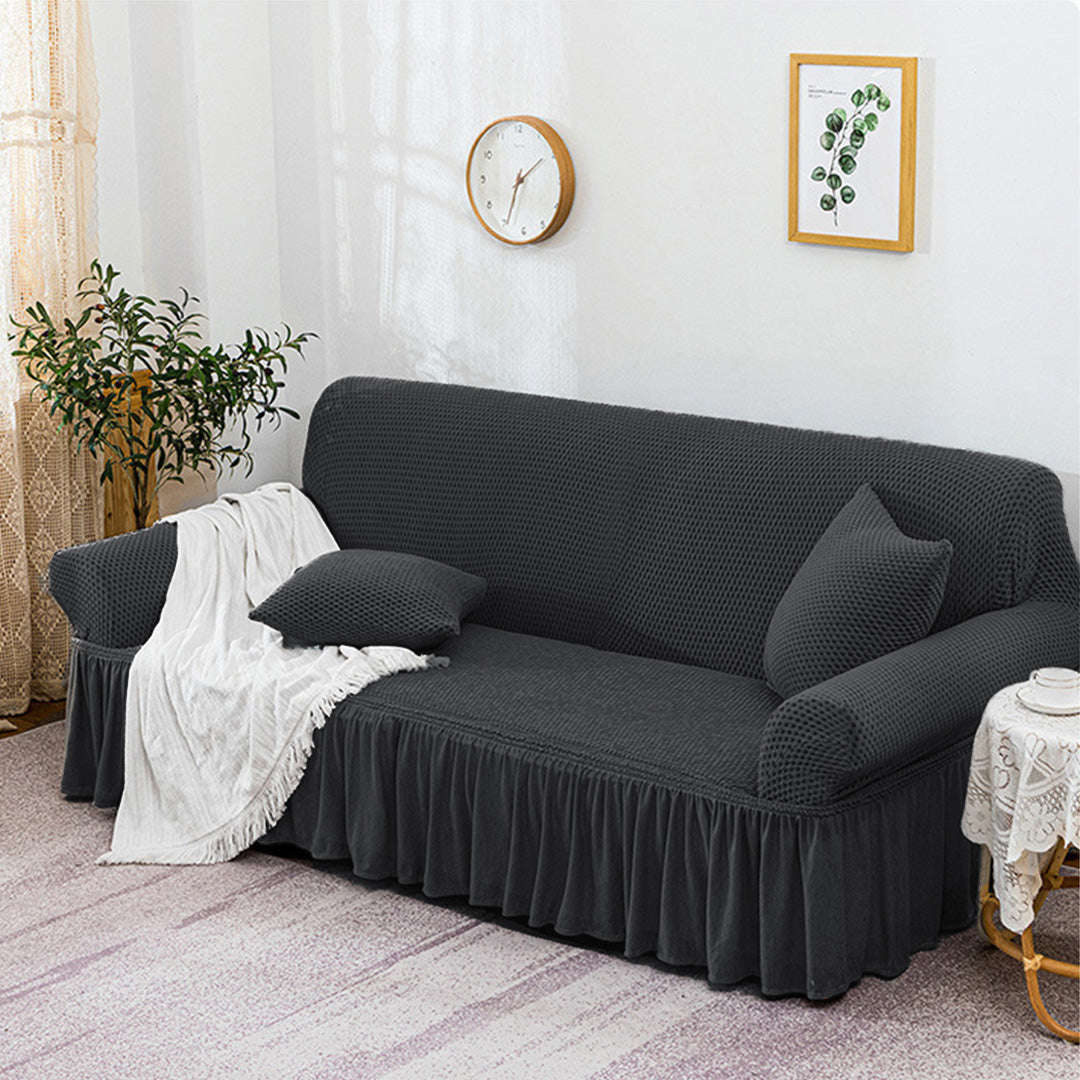 SOGA 4-Seater Dark Grey Sofa Cover with Ruffled Skirt Couch Protector High Stretch Lounge Slipcover Home Decor