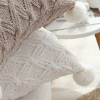 SOGA 45cm Luxurious Ivory Diamond Knit Throw Pillowcase with Pom Poms
