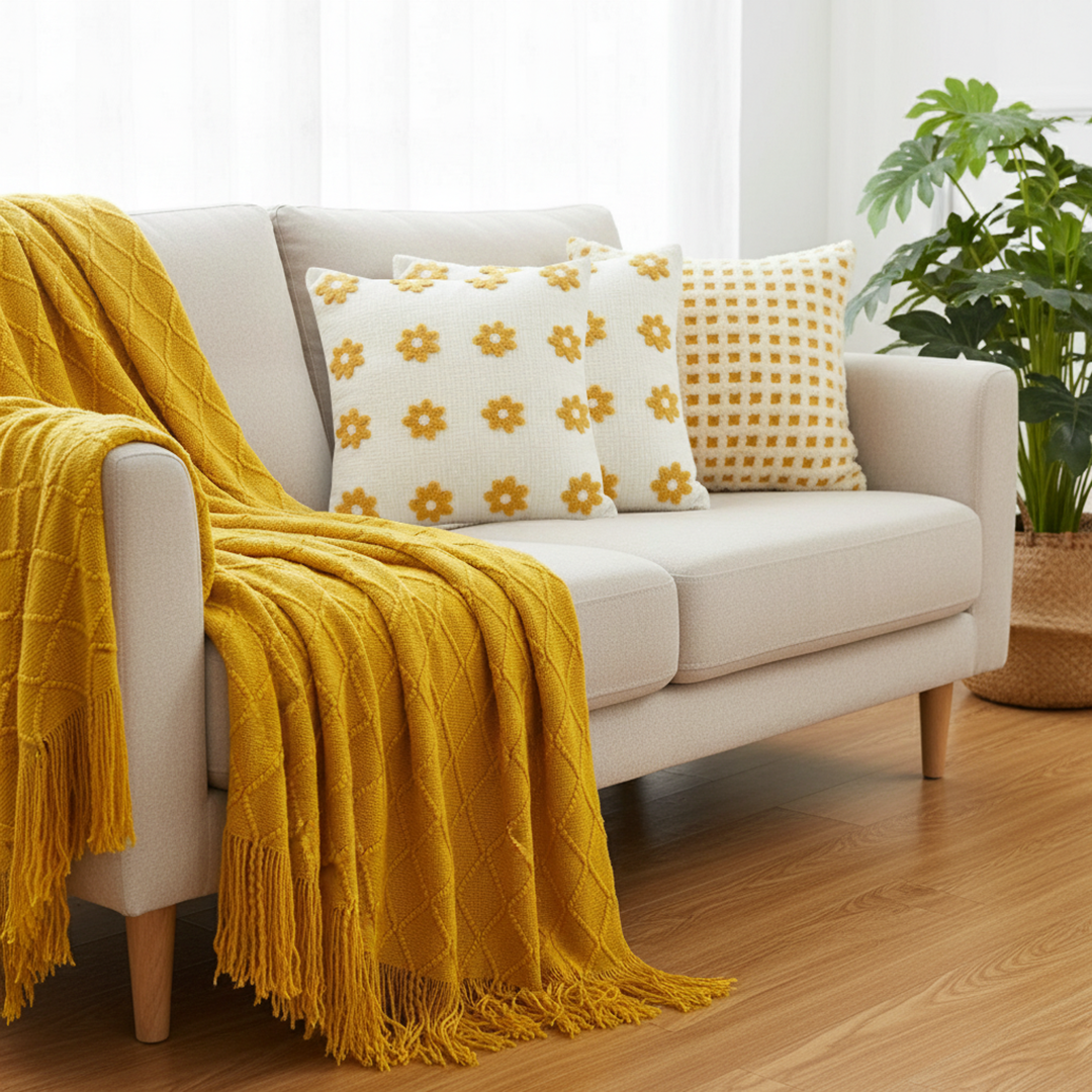 SOGA Yellow Diamond Throw with Tassels + Retro Daisy & Polka Dot Pillowcases – Cozy Home Decor Set