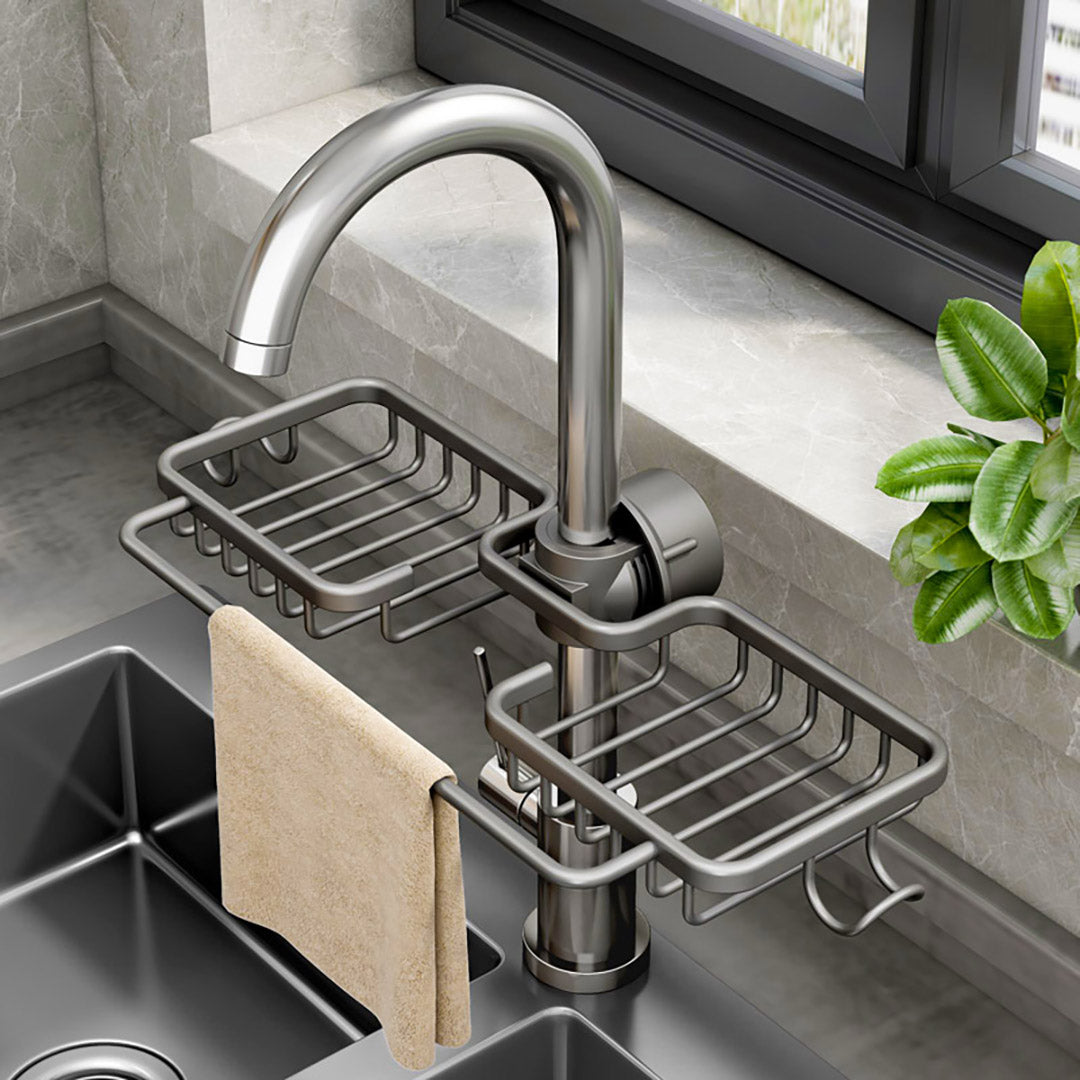 SOGA 2X Dark Grey Kitchen Sink Organiser Faucet Soap Sponge Caddy Rack Drainer with Towel Bar Holder