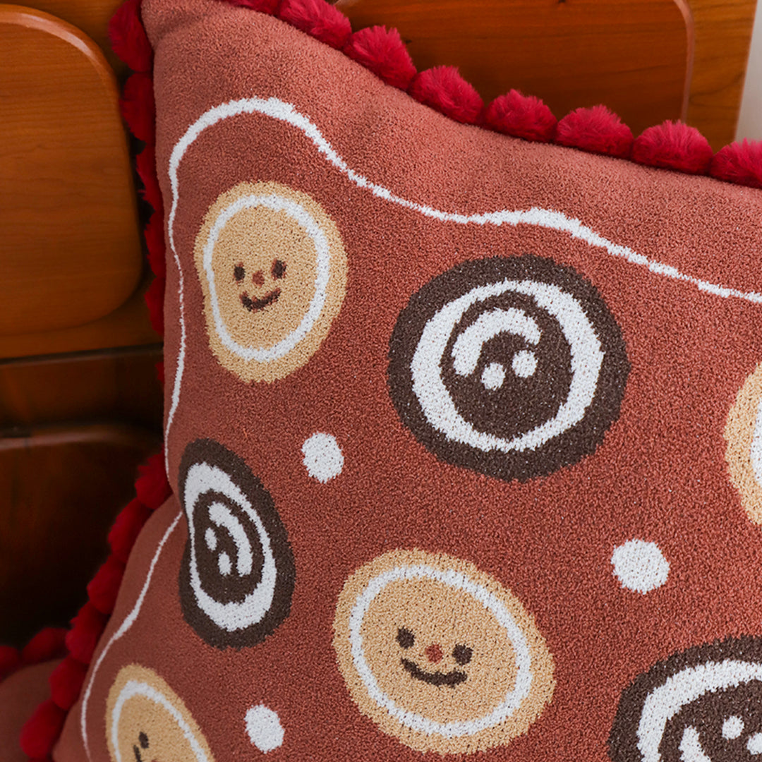 SOGA 2X 45cm Gingerbread Cookie Smiley Face Square Pillowcase with Red Pom-Pom Trim