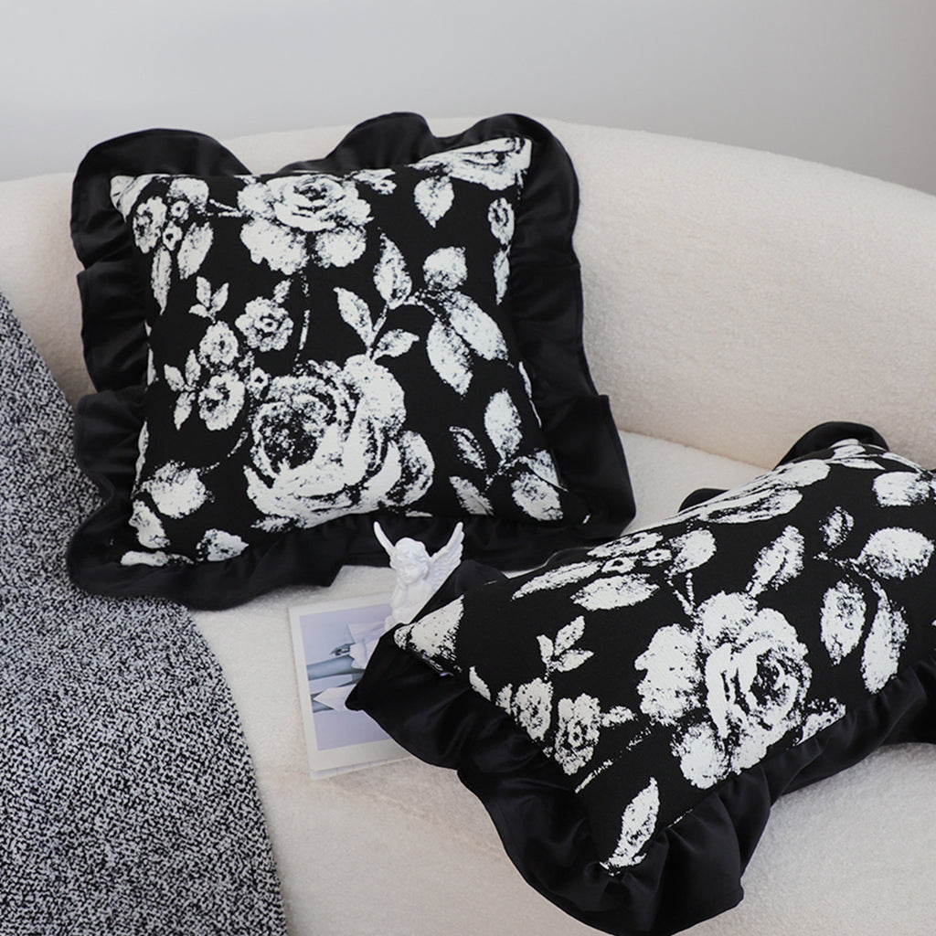SOGA 45cm Black Floral Throw Pillowcase with Ruffle Edges
