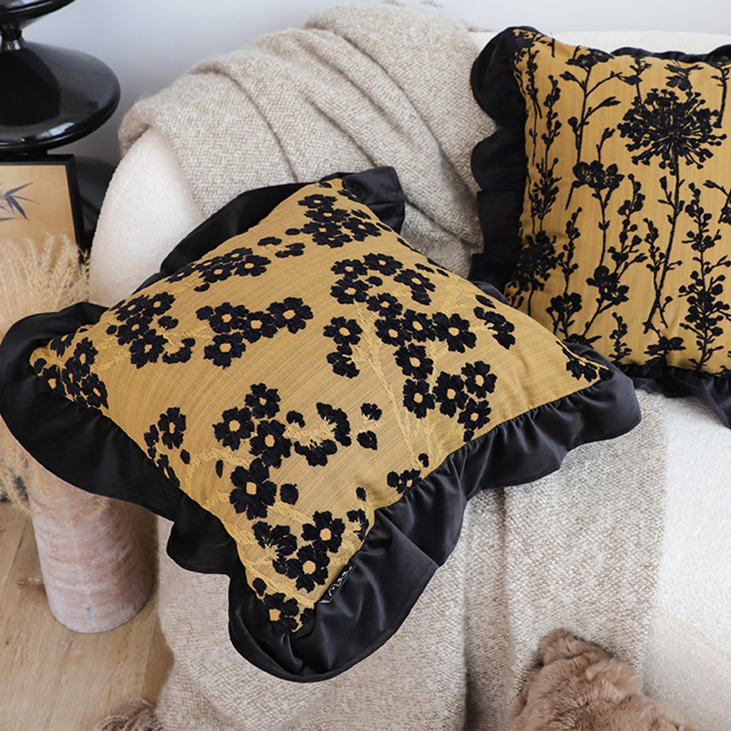 SOGA 45cm Velvique Floral Ruffle Pillowcase – Mustard Gold